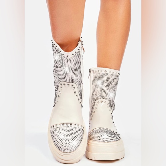Azalea Wang Shoes - Azalea Wang Bone Vegan Leather Rhinestone Studded Boots